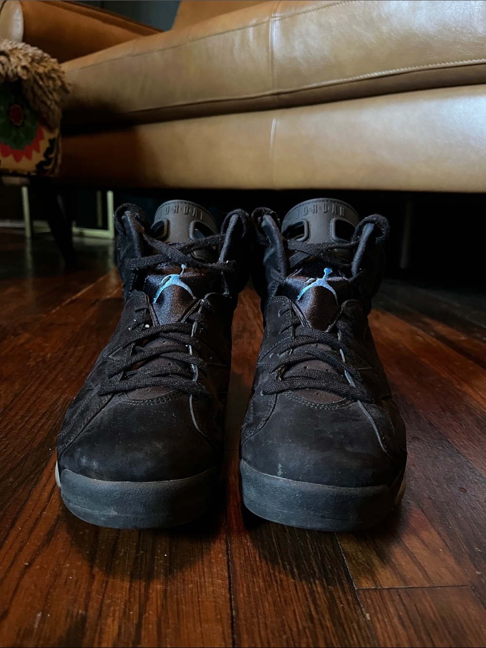 Jordan Men's Black Suede High-Top Sneakers with Light Blue Jumpman